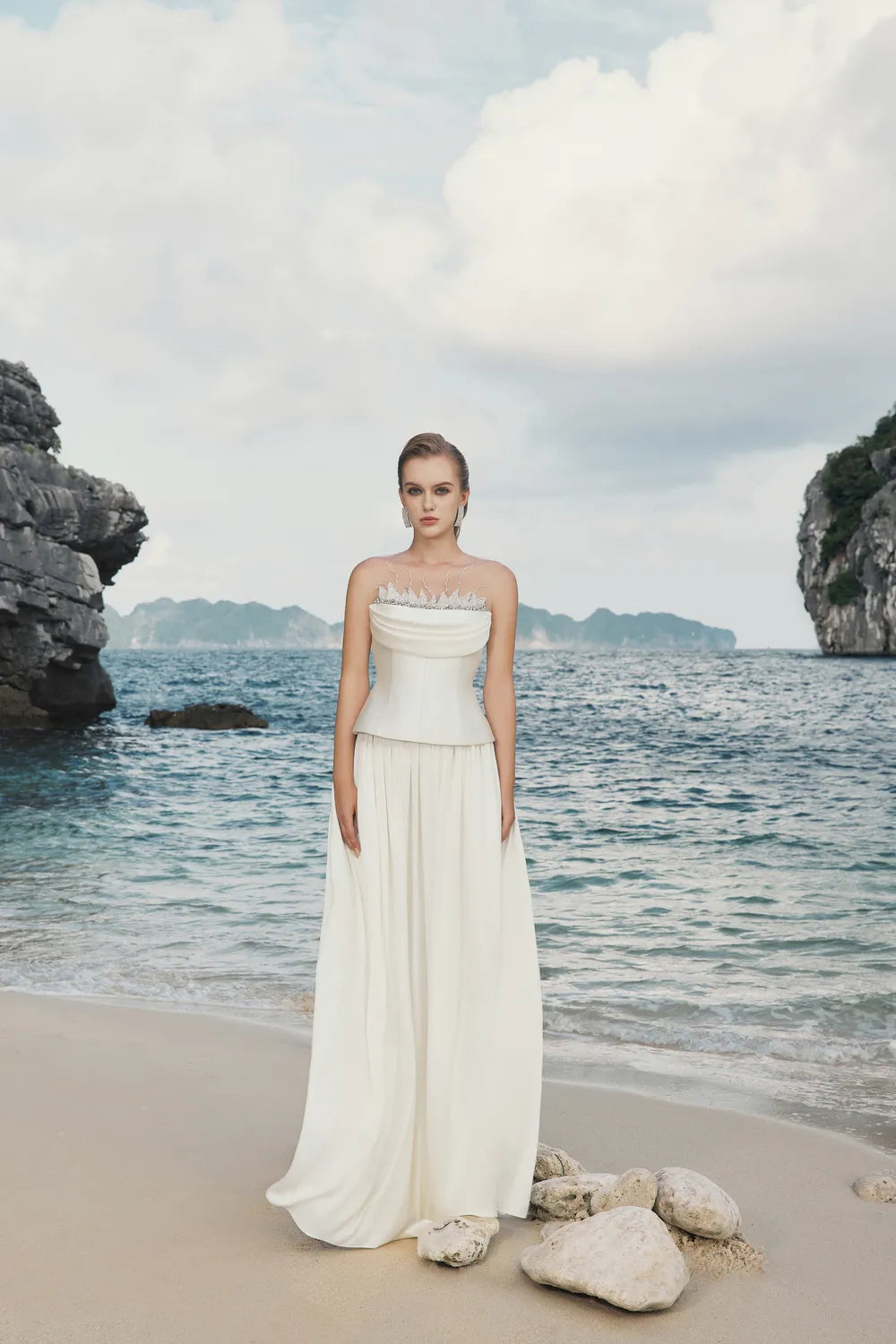 Curved Draped Chest Top And Gathered Flowing A-line Skirt Set